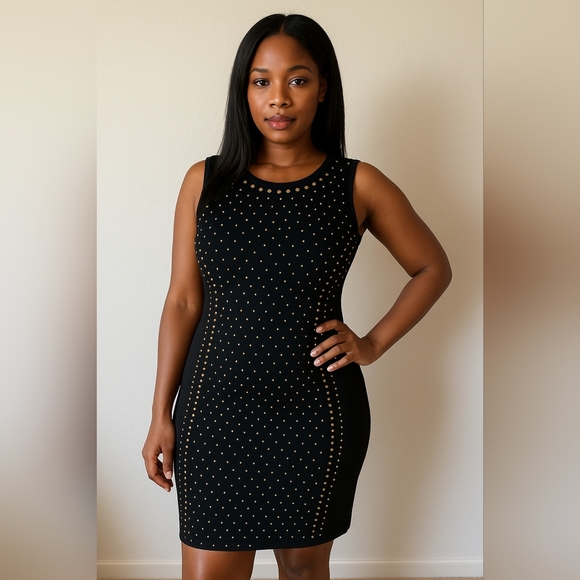 H&m Medium Black Figure Forming Gold Studded  Sleeveless Knee Length Dress - Picture 1 of 9